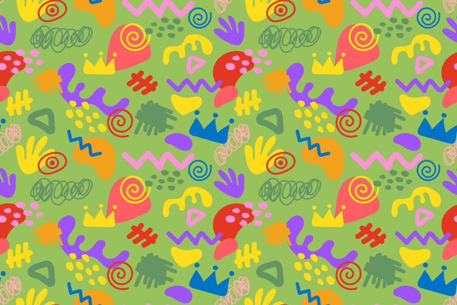 Colorful doodle and organic shapes seamless pattern. Fun scribble various geometric shapes pattern. Childish scribble shape pattern vector