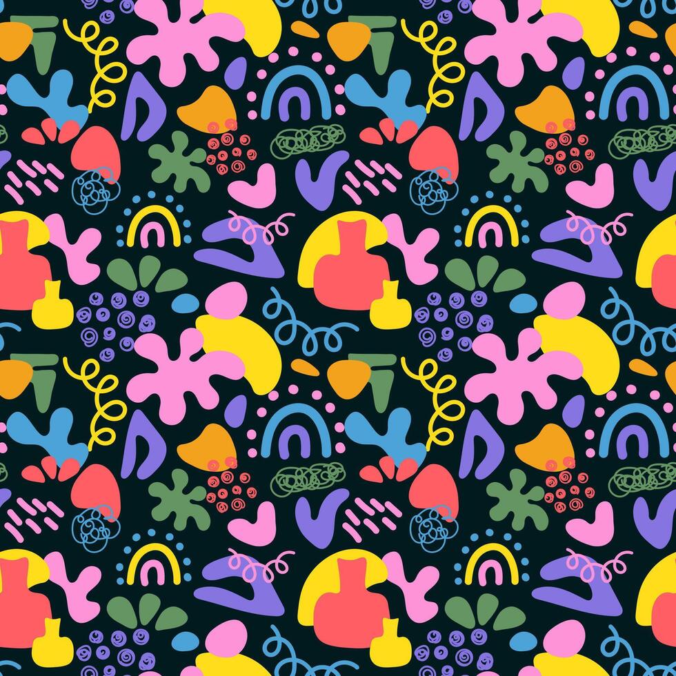 Colorful doodle and organic shapes seamless pattern. Fun scribble various geometric shapes pattern. Childish scribble shape pattern vector