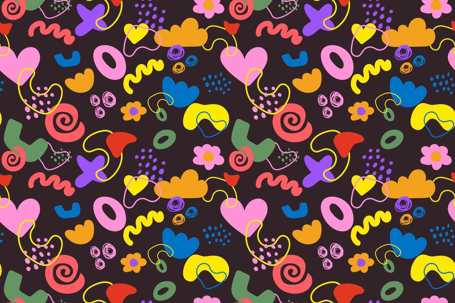 Colorful doodle and organic shapes seamless pattern. Fun scribble various geometric shapes pattern. Childish scribble shape pattern vector
