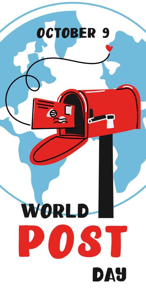 Post Day banner with post box mail box design illustration, World Post Day. World Mail Day. Vertical banner for the holiday. Red mailbox accepts mail, letters, parcels the background earth map vector