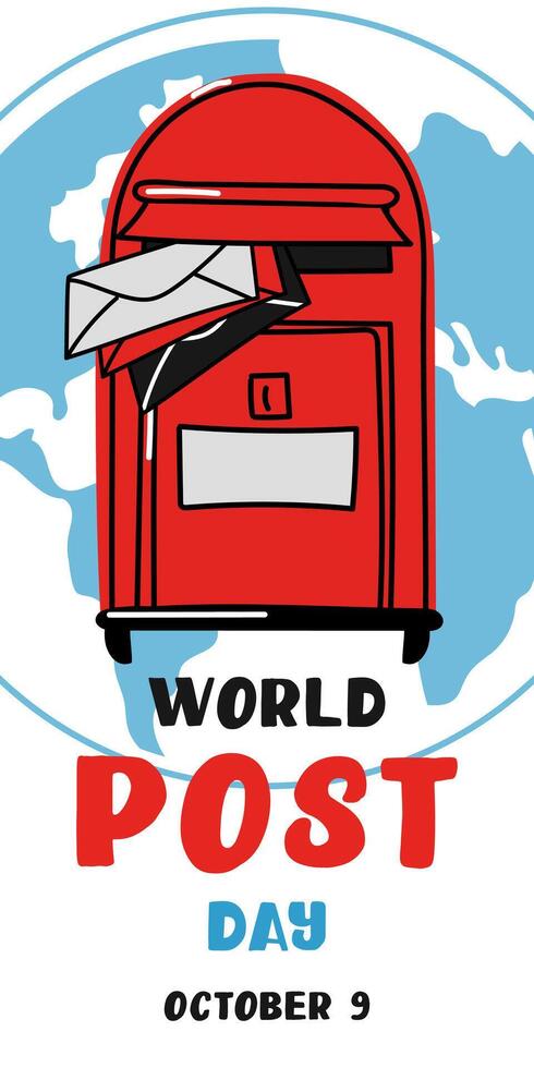 Post Day banner with post box mail box design illustration, World Post Day. World Mail Day. A vertical banner for the holiday. Red mailbox accepts mail, letters, parcels on the earth map blue vector