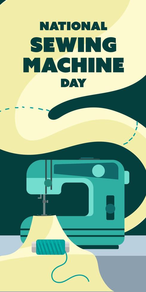 National Sewing Machine Day on June 13, business brochure design, banner flyer, Vertically template, cover presentation, modern edition poster, retro style on blue yellow fabric. A simple vector