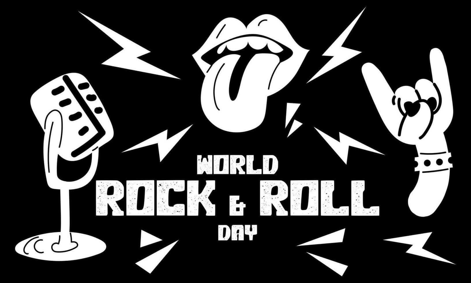 Banner depicting a rocker's hand with horns, a microphone, and a tongue. Welcome sign in honor of Rock Day on April 13th. The hand breaks free. Inscription about the holiday. Hand. Horizontally vector