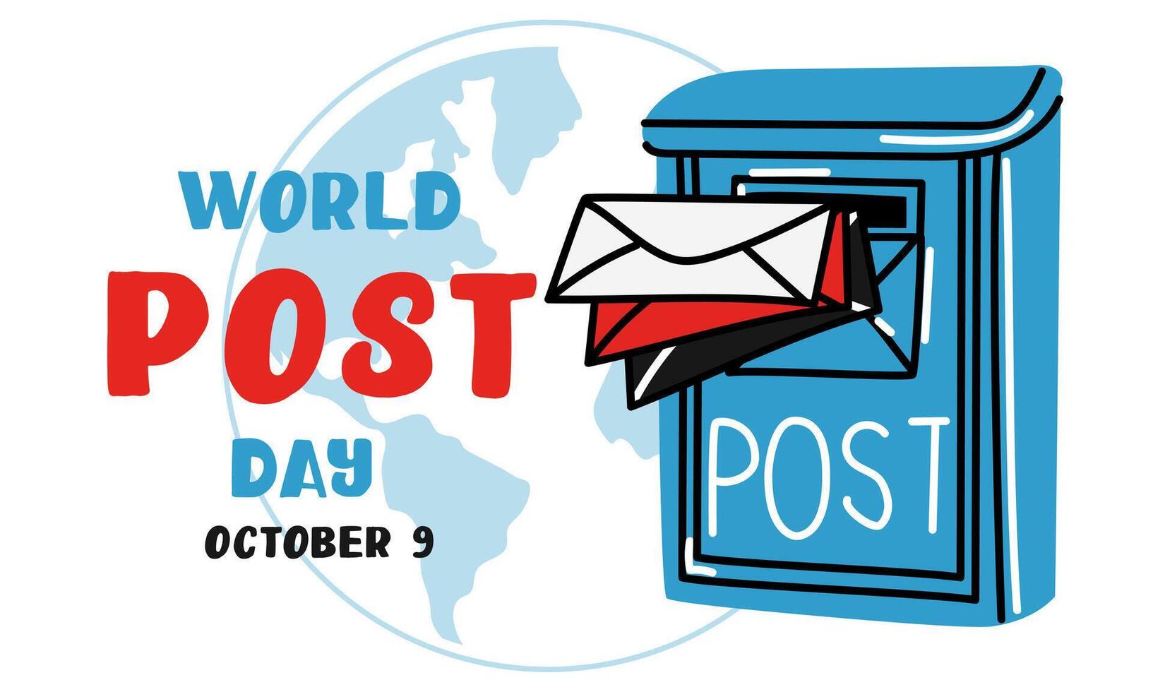 Post Day banner with post box mail box design illustration, World Post Day. World Mail Day. Horizontal banner for the holiday. The blue mailbox accepts mail, parcels on the background earth map vector