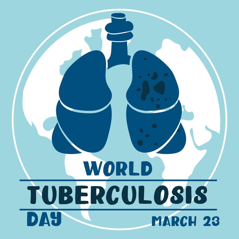 World Tuberculosis Day. March 24 - information banner of the fight against tuberculosis with a silhouette map of the world, a view of the affected blue flat lungs. The banner is blue World TB day vector