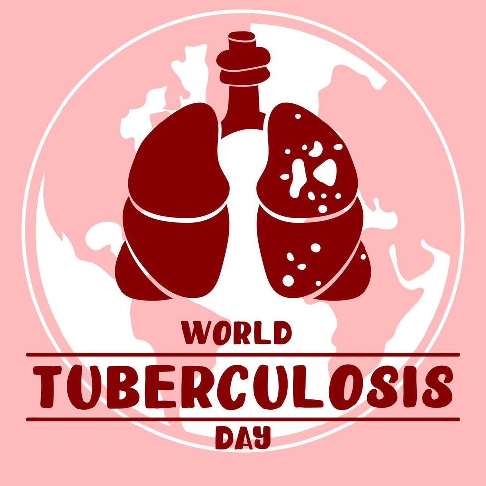 World Tuberculosis Day. March 24 - information banner of the fight against tuberculosis with a silhouette map of the world, a view of the affected red flat lungs. The banner is pink World TB day. vector