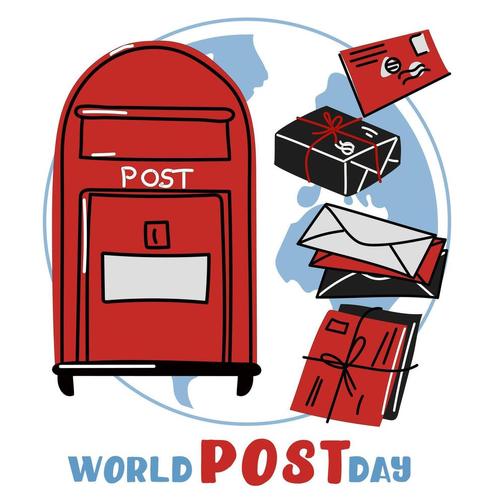 Post Day banner with post box mail box design illustration, World Post Day. World Mail Day. Square banner for the holiday. The red mailbox accepts mail, letters, parcels on the blue earth map vector