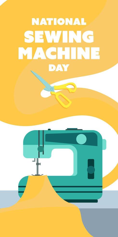 National Sewing Machine Day on June 13, business brochure design, banner flyer, template, cover presentation, modern edition poster, retro style on blue yellow fabric. A simple Vertically vector