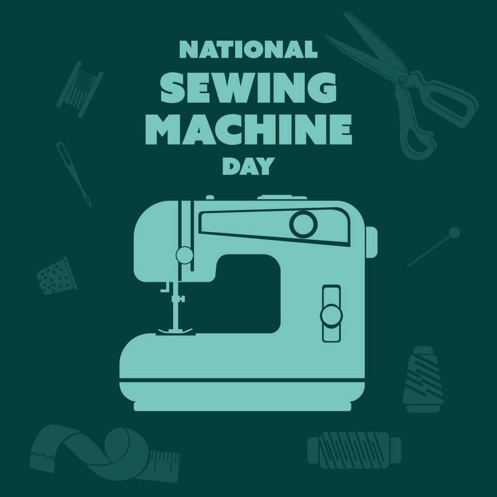 National Sewing Machine Day on June 13, business brochure design, banner flyer, template, cover presentation, poster of a modern edition, retro style shades of blue like an engraving on dark vector