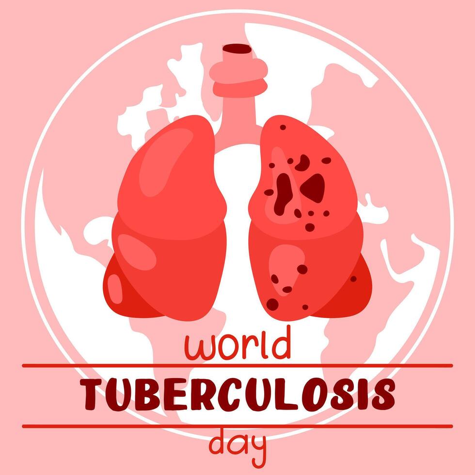 World Tuberculosis Day. March 24 - information banner of the fight against tuberculosis with a silhouette map of the world, a view of the affected lungs from the inside. Banner is pink World TB day. vector