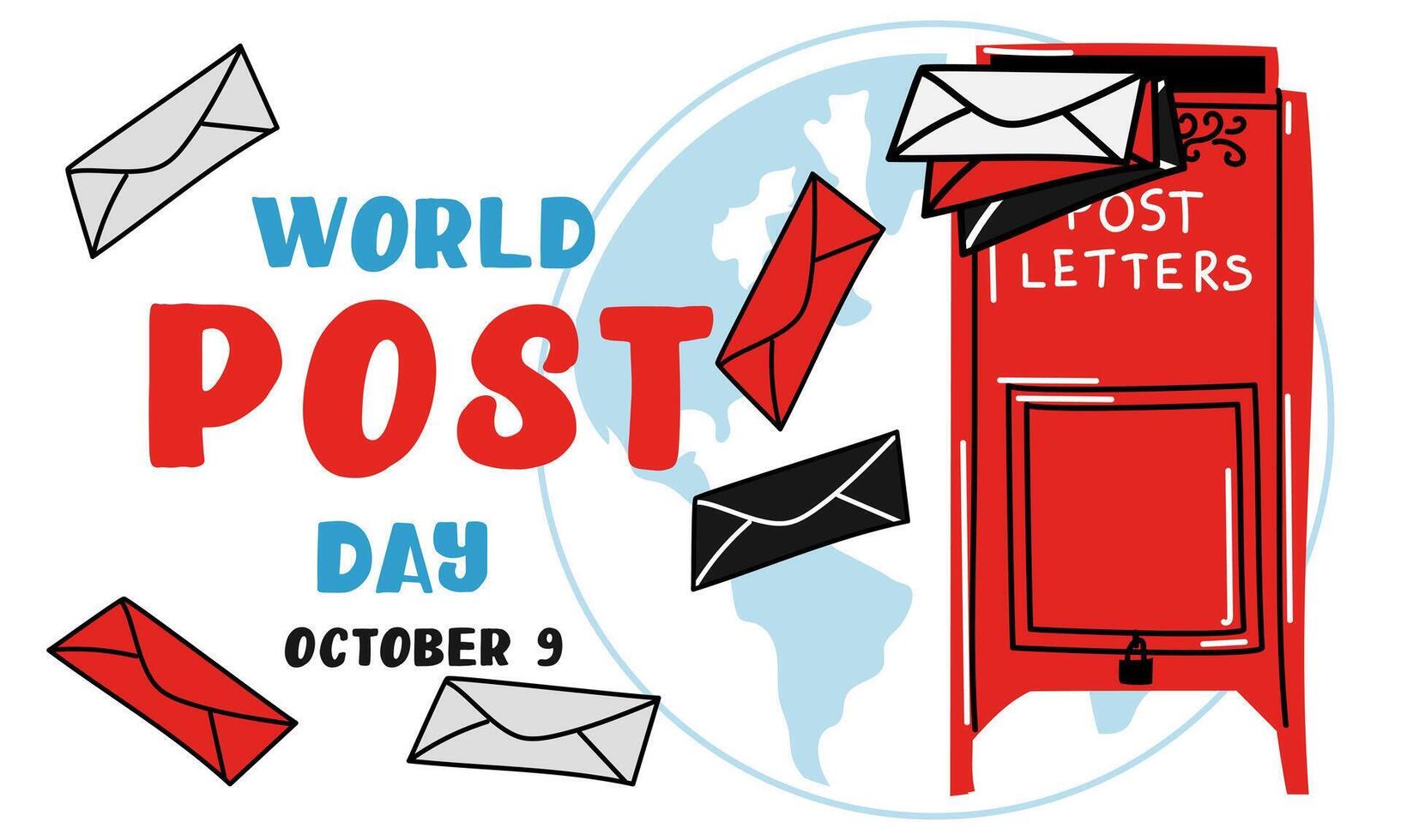 Post Day banner with post box mail box design illustration, World Post Day. World Mail Day. A horizontal banner for the holiday. The red mailbox accepts mail, letters, parcels on the earth map vector