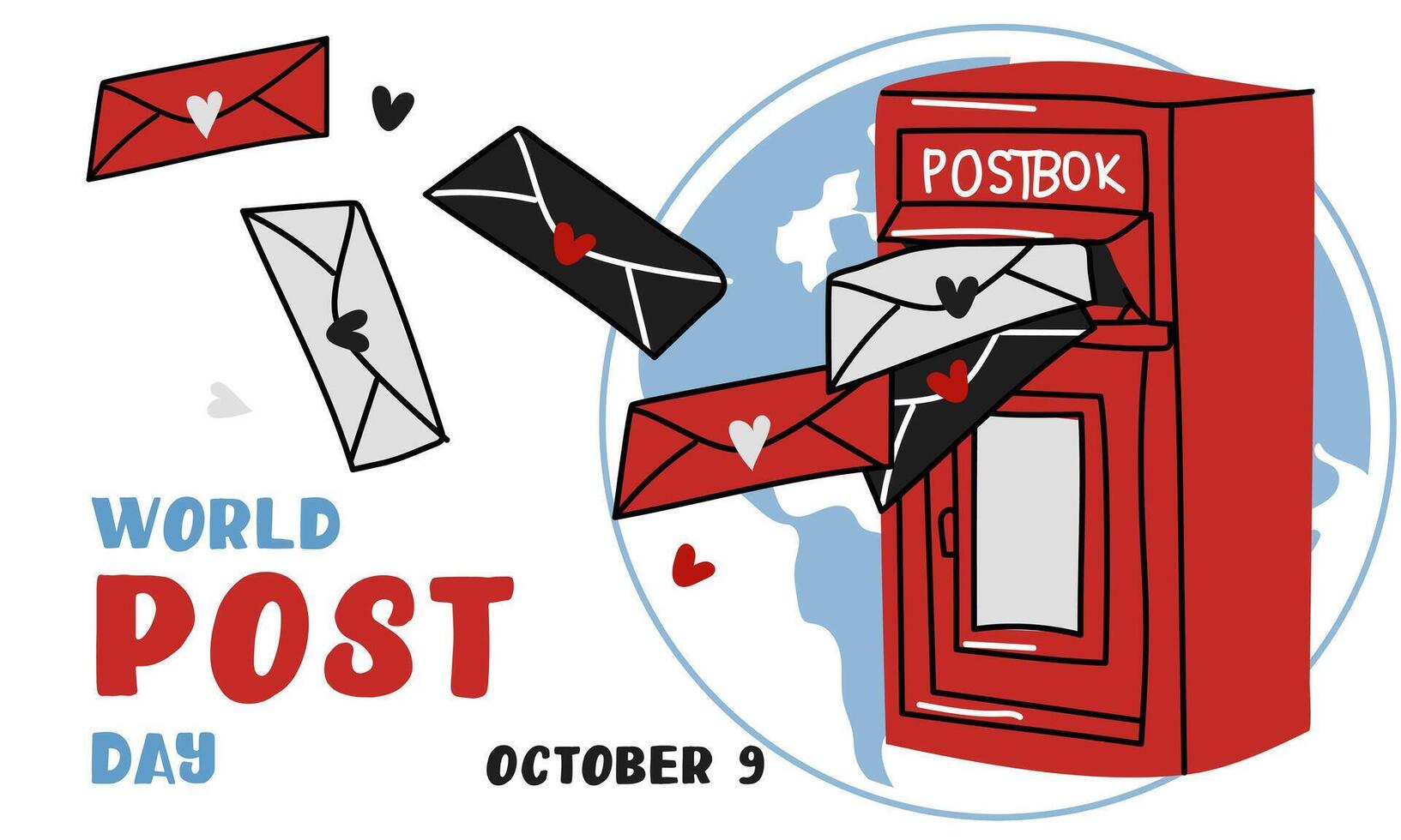 Post Day banner with post box mail box design illustration, World Post Day. World Mail Day. A horizontal banner for the holiday. Red mailbox accepts mail, letters, parcels on the earth map vector