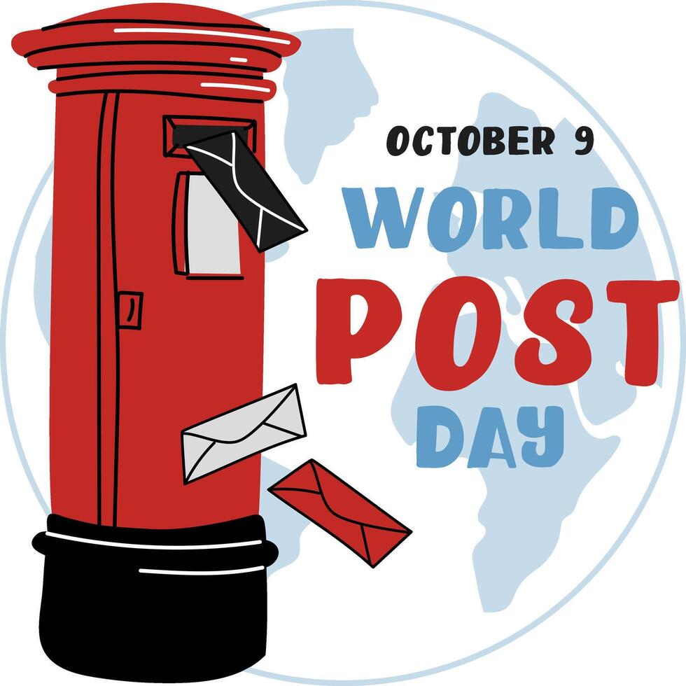 Post Day banner with post box mail box design illustration, World Post Day. World Mail Day. Square banner for the holiday. The red mailbox accepts mail, letters, parcels, white, blue earth map vector