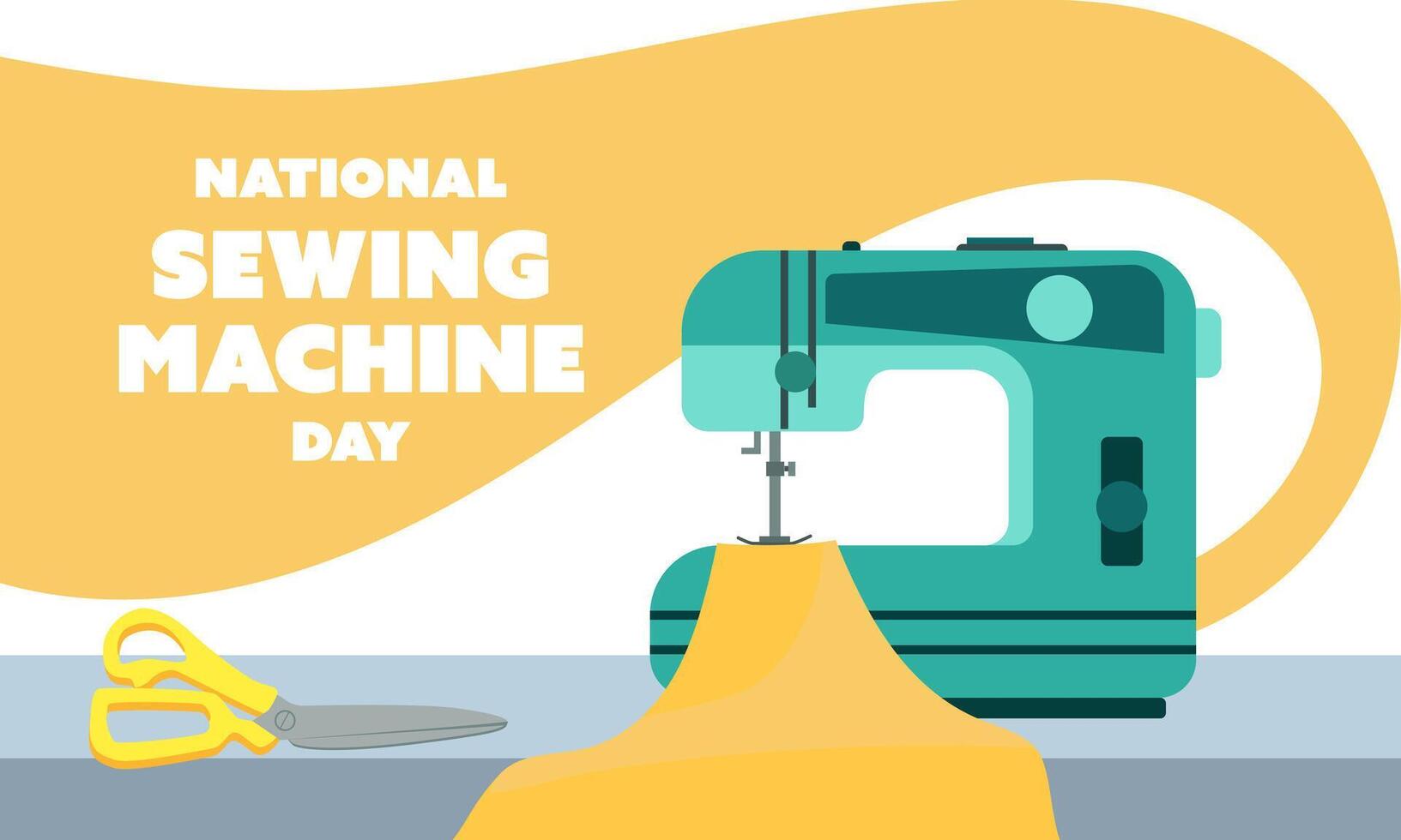 National Sewing Machine Day on June 13, business brochure design, banner flyer, horizontal template, cover presentation, modern edition poster, retro style on blue yellow fabric. A simple vector