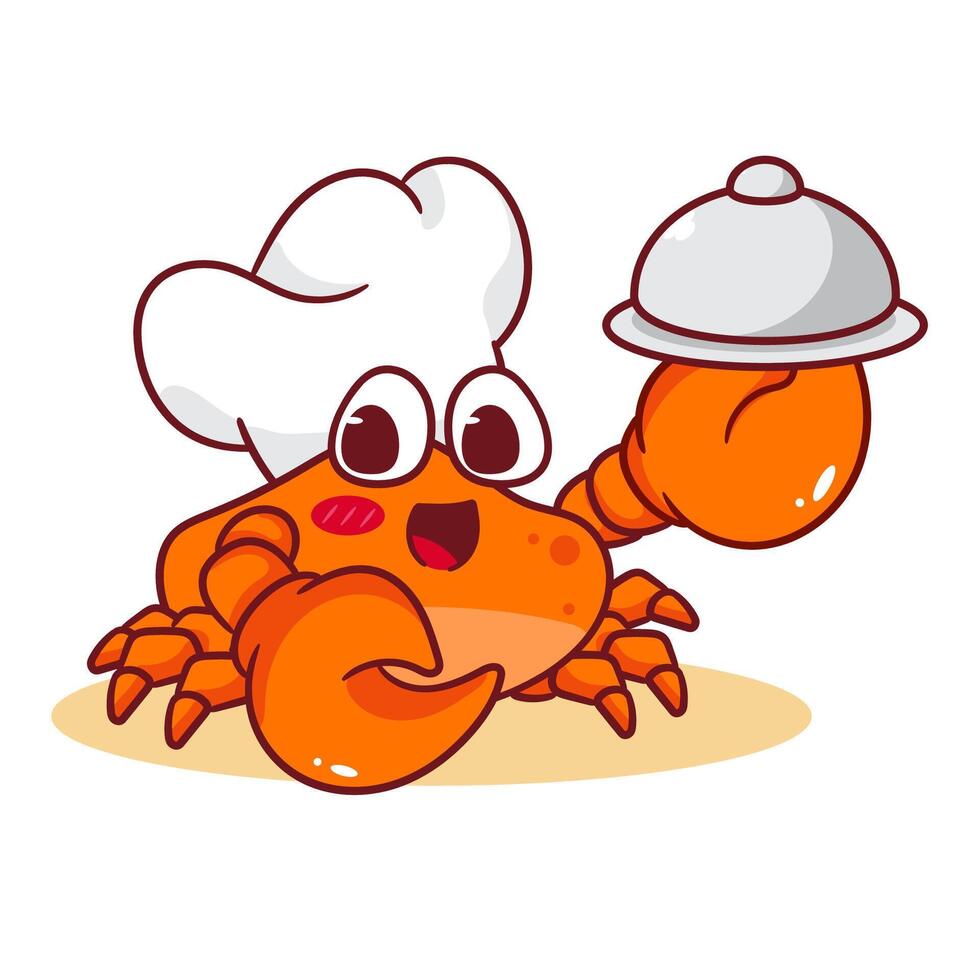 Cute Crab Chef Cartoon Illustration. Adorable Kawaii Animal Character Icon Mascot Concept Design. Isolated White Background. vector