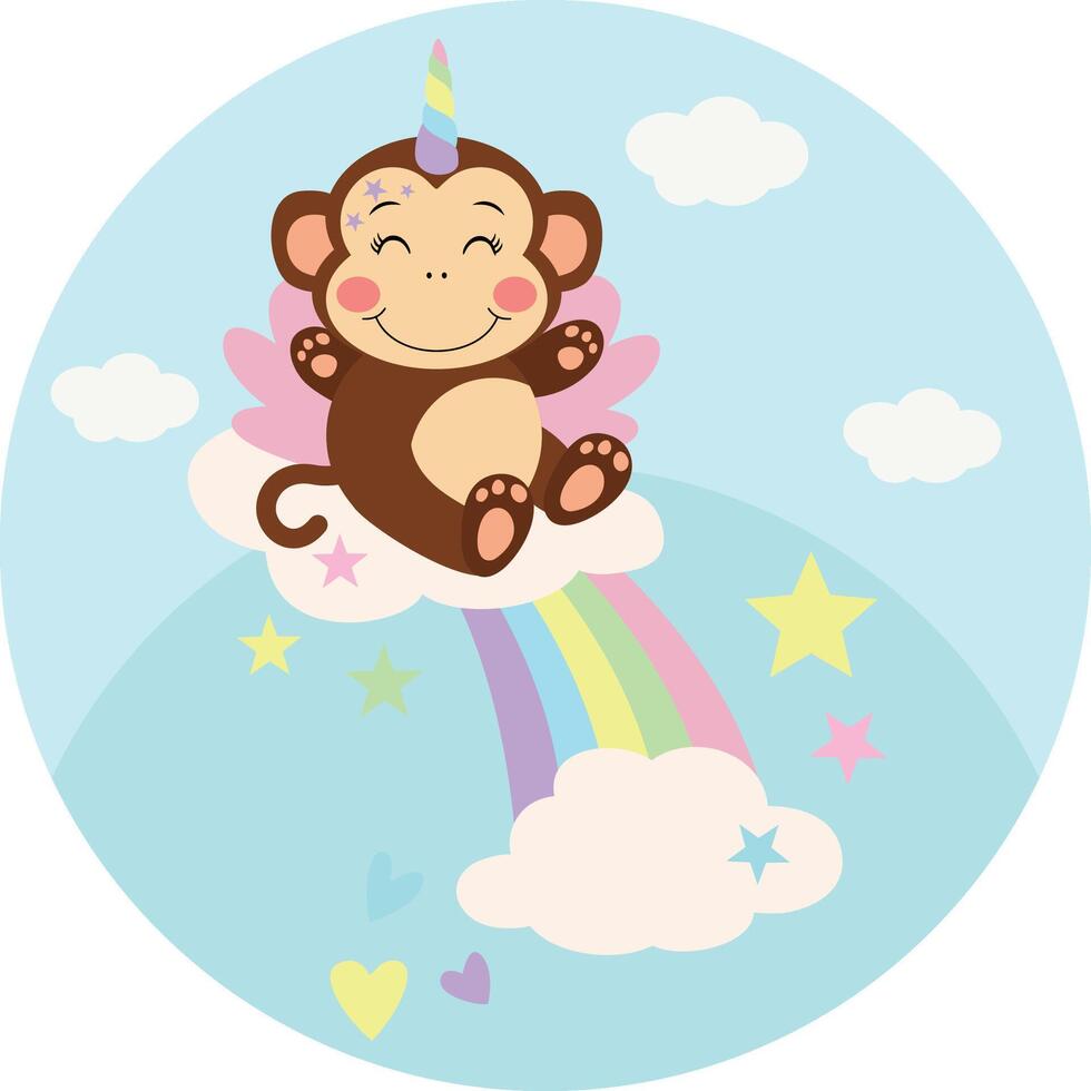 Round illustration with unicorn monkey on rainbow with clouds vector