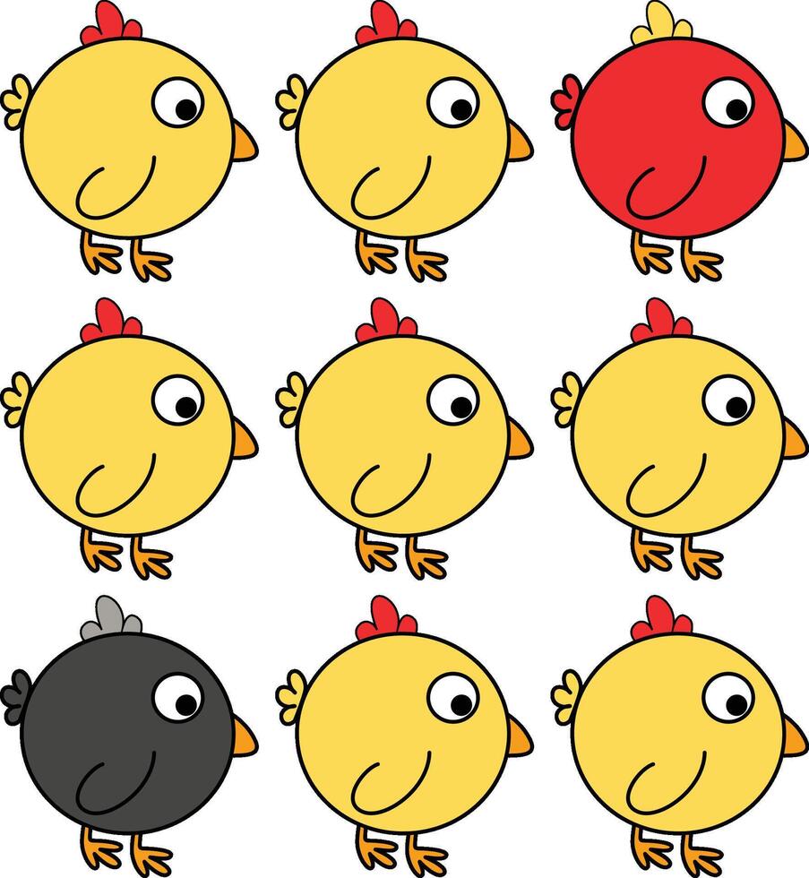 Set of yellow chicks with two different ones, one black and the other red vector