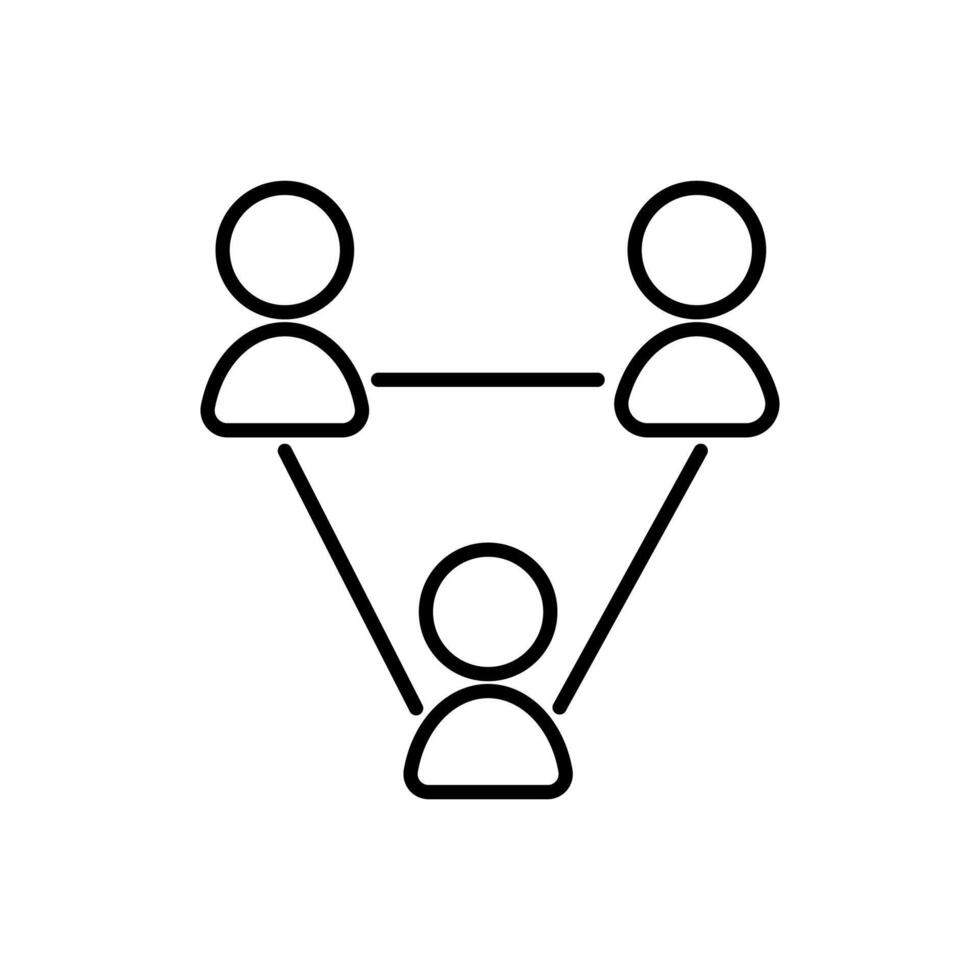 A black and white icon depicting three people connected in a triangular network. vector