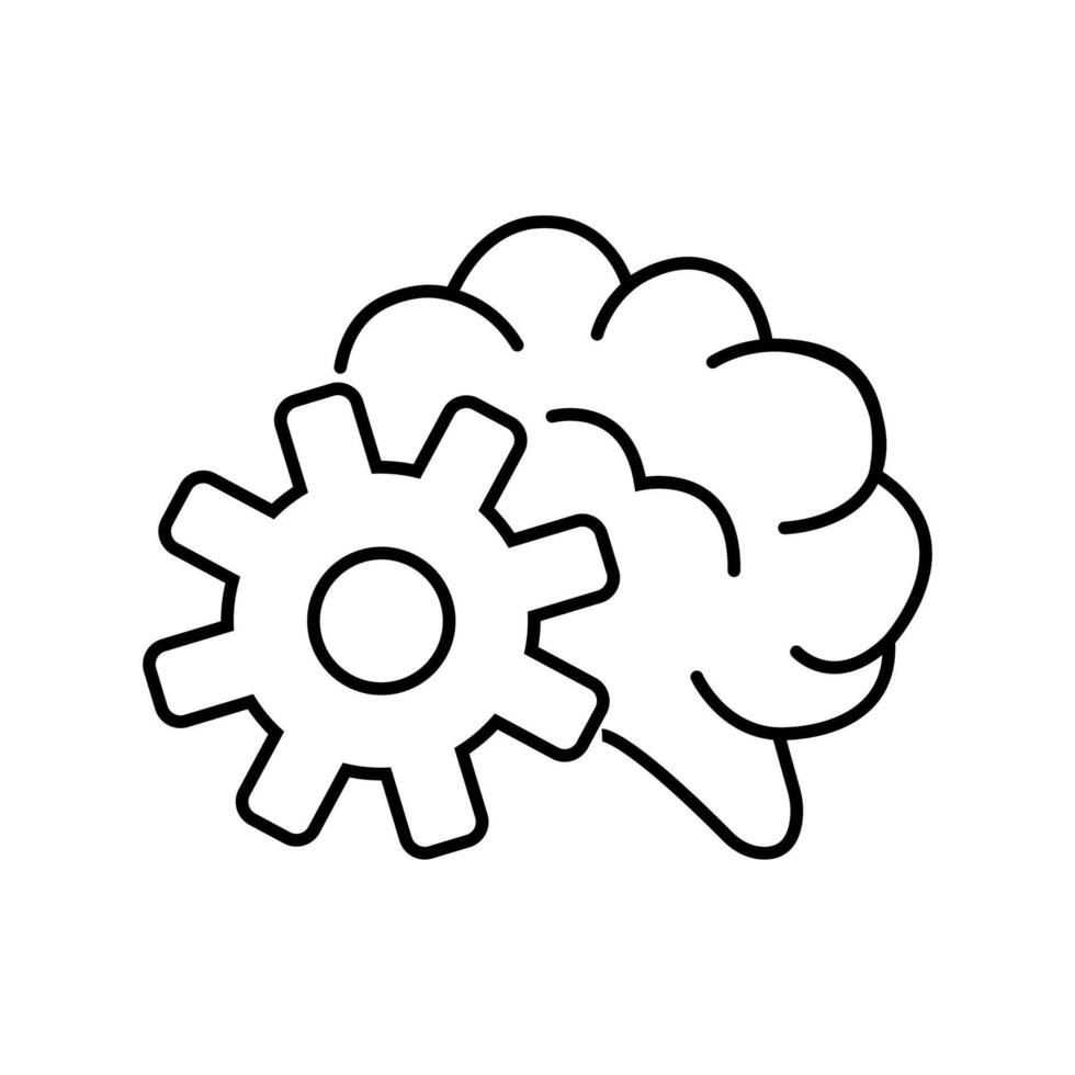 A black and white outline icon depicting a brain and a gear vector