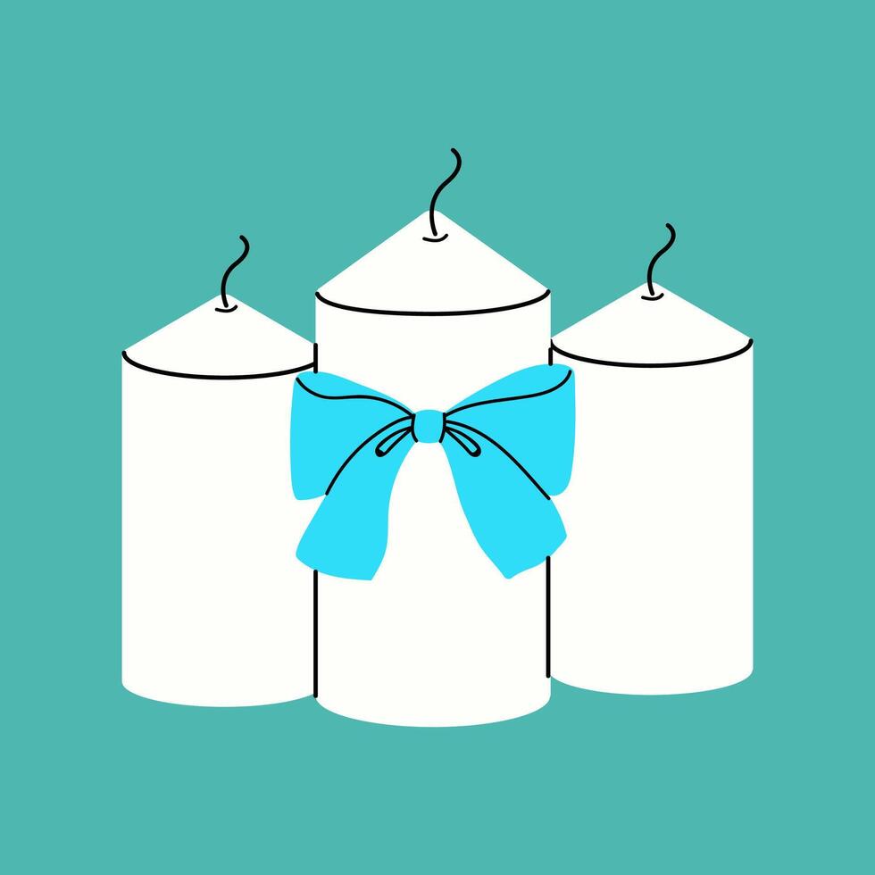 Three White Candles With Blue Bow vector