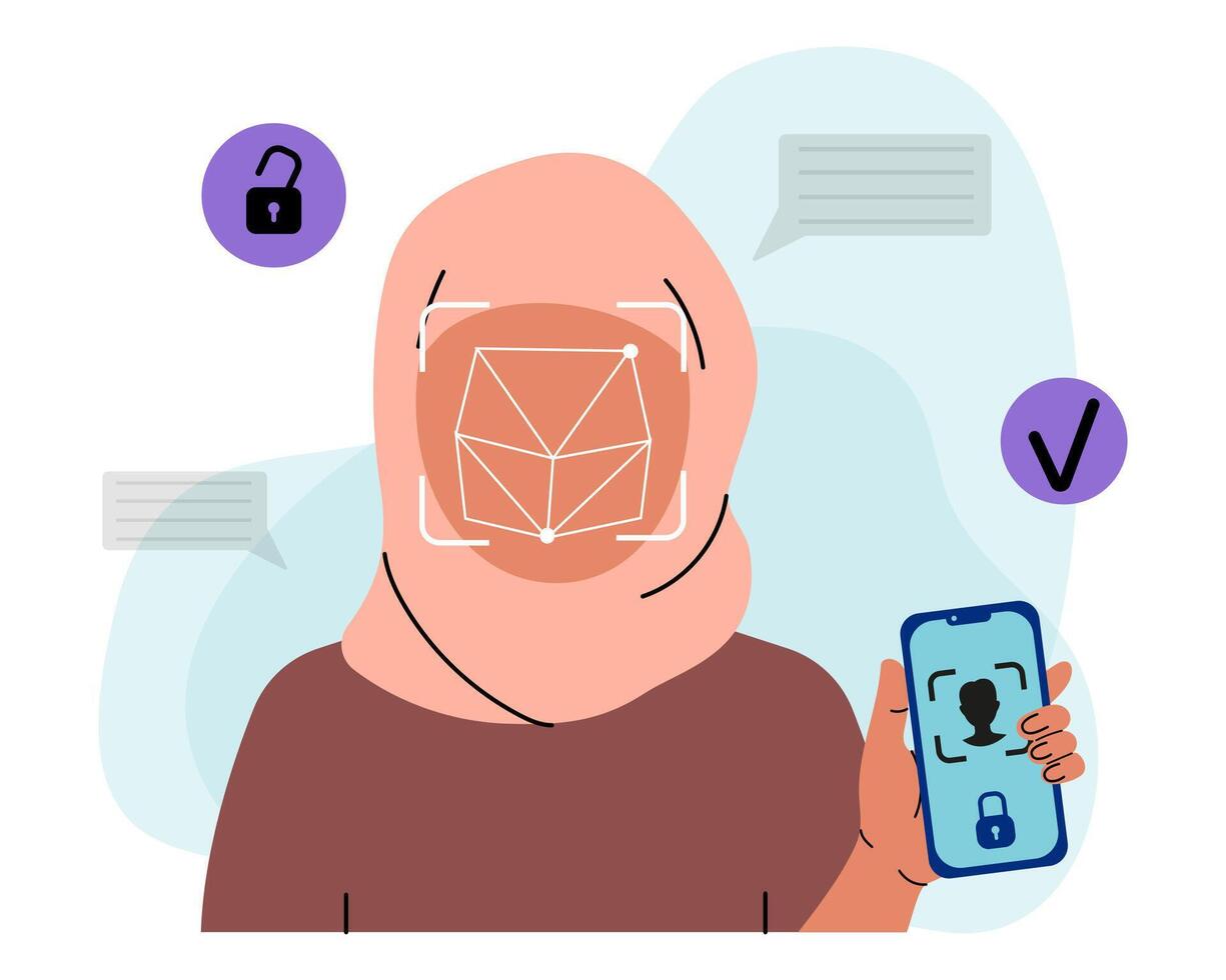 Woman Using Facial Recognition on Smartphone vector