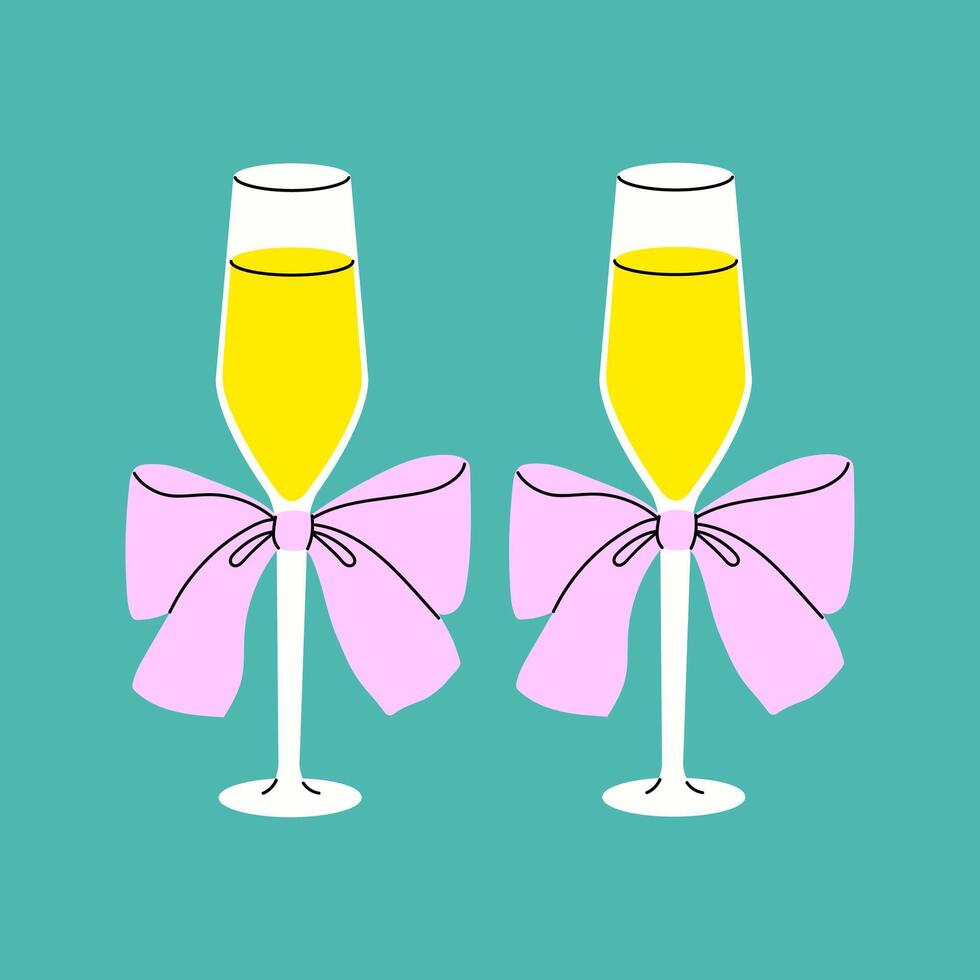 Two Champagne Flutes With Pink Bows vector