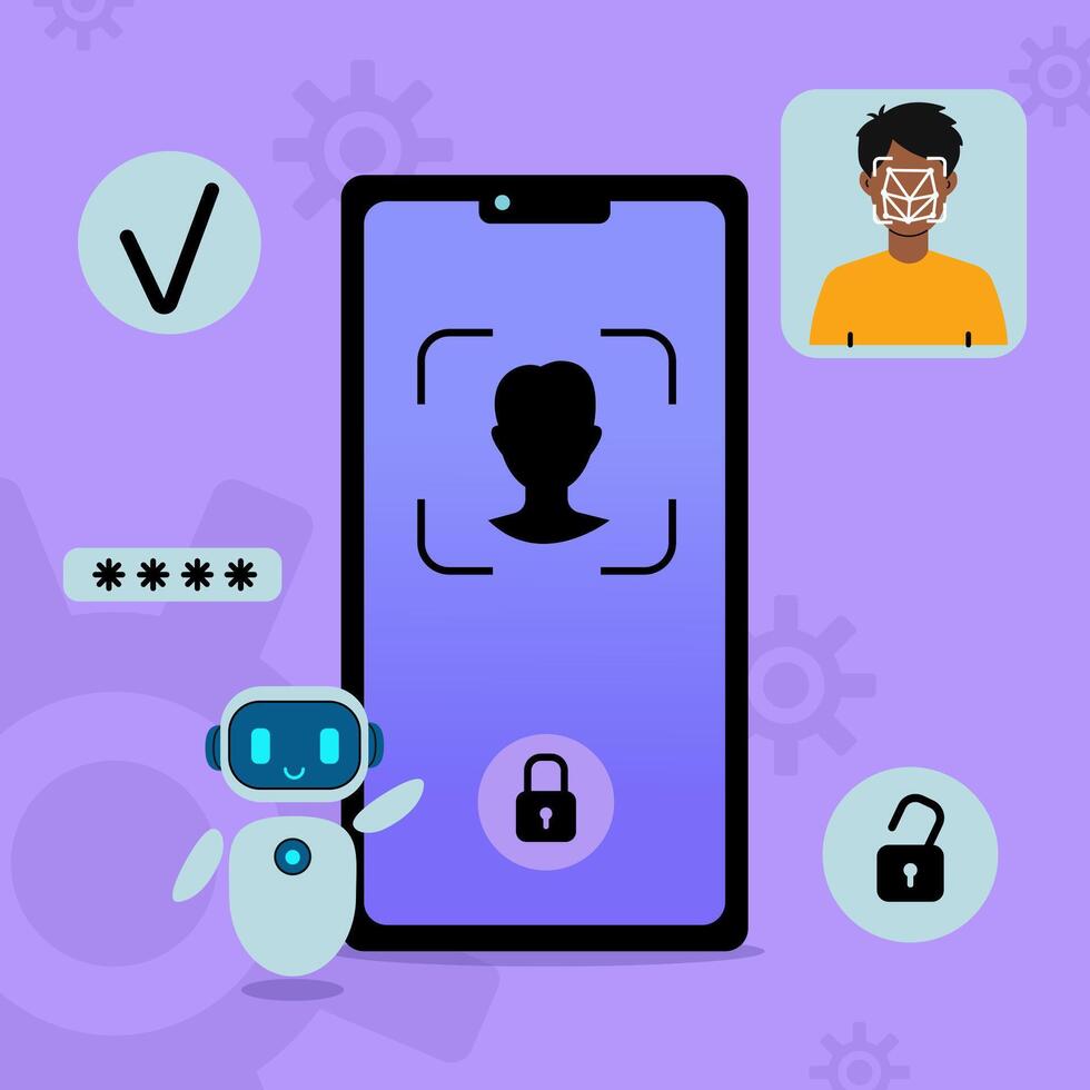 A robot stands next to a smartphone with a face unlock screen, a padlock, and an open padlock. vector