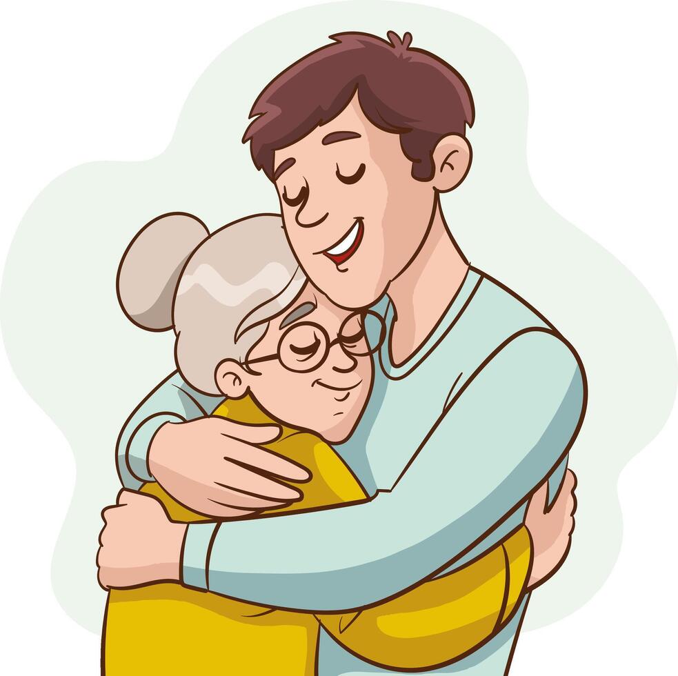 A man hugs an old woman.Young man hugs old grandmother, showing love and care for ancestors and communicating with family. Happy retired woman spends time in family environment next to her caring son vector