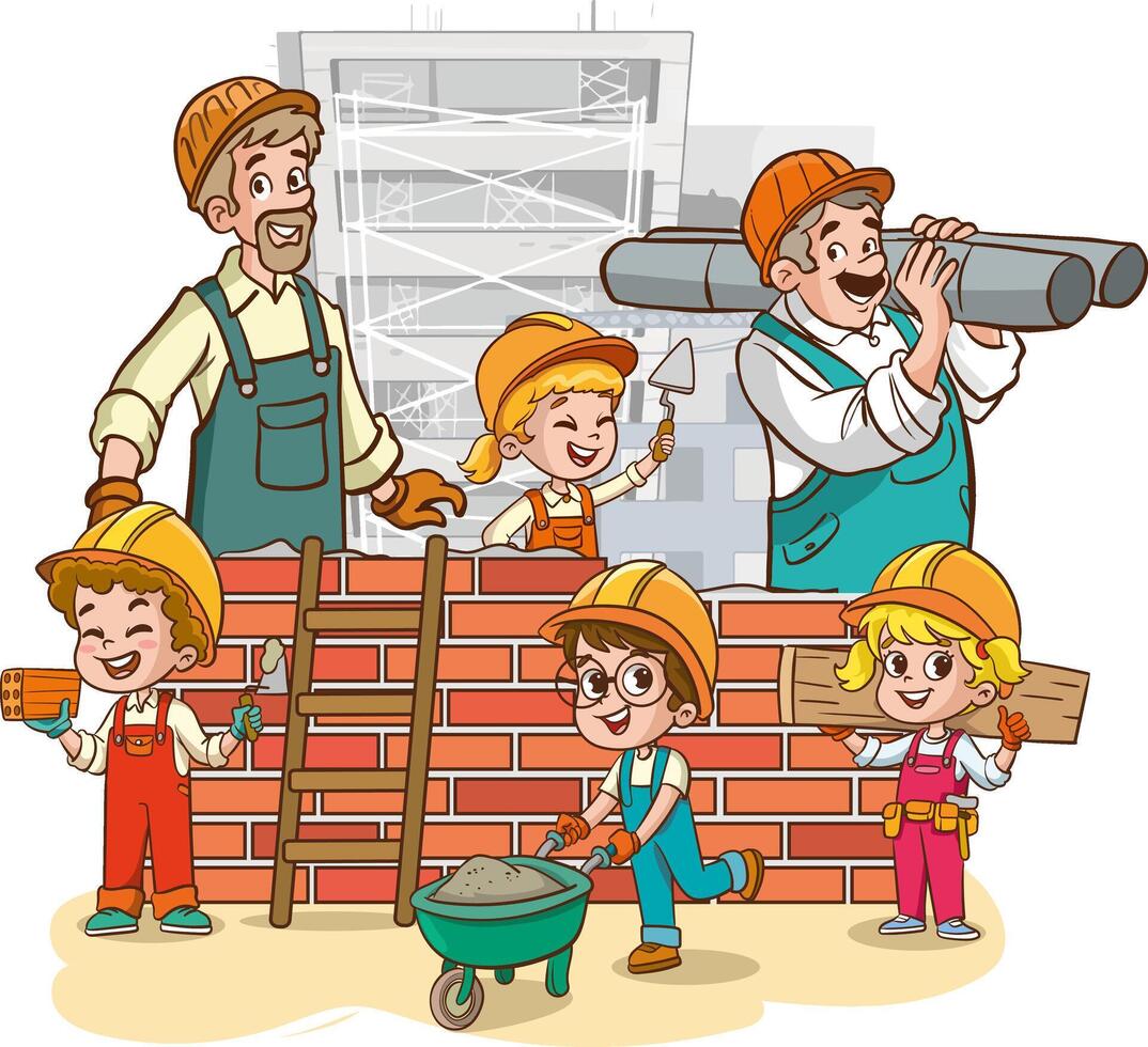 Cute little kids builders and adult workers working on construction site. holding cement bricklayer tool vector