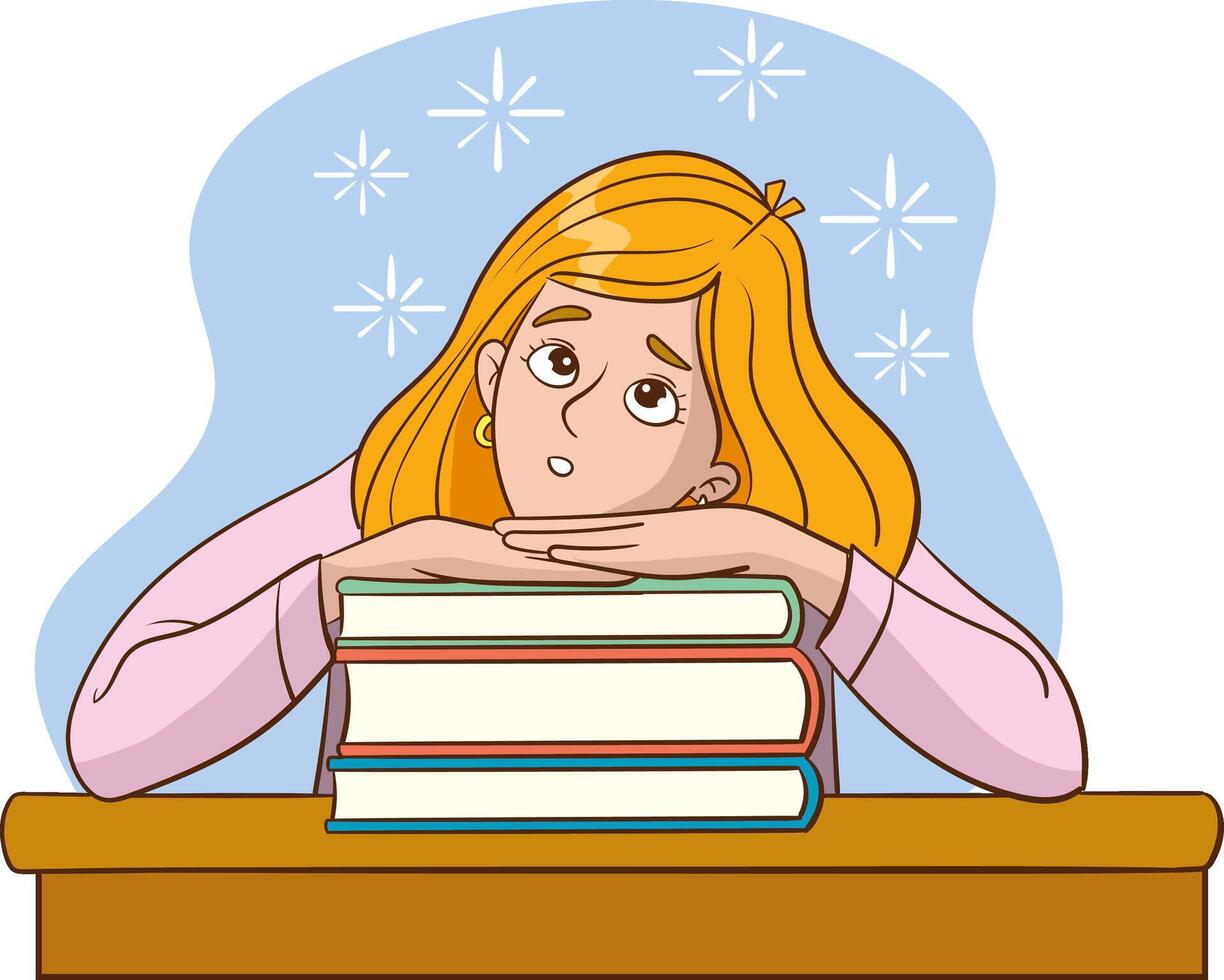 Young woman studying, dreaming. Woman in casual clothes studying at home. bored. flat illustration vector