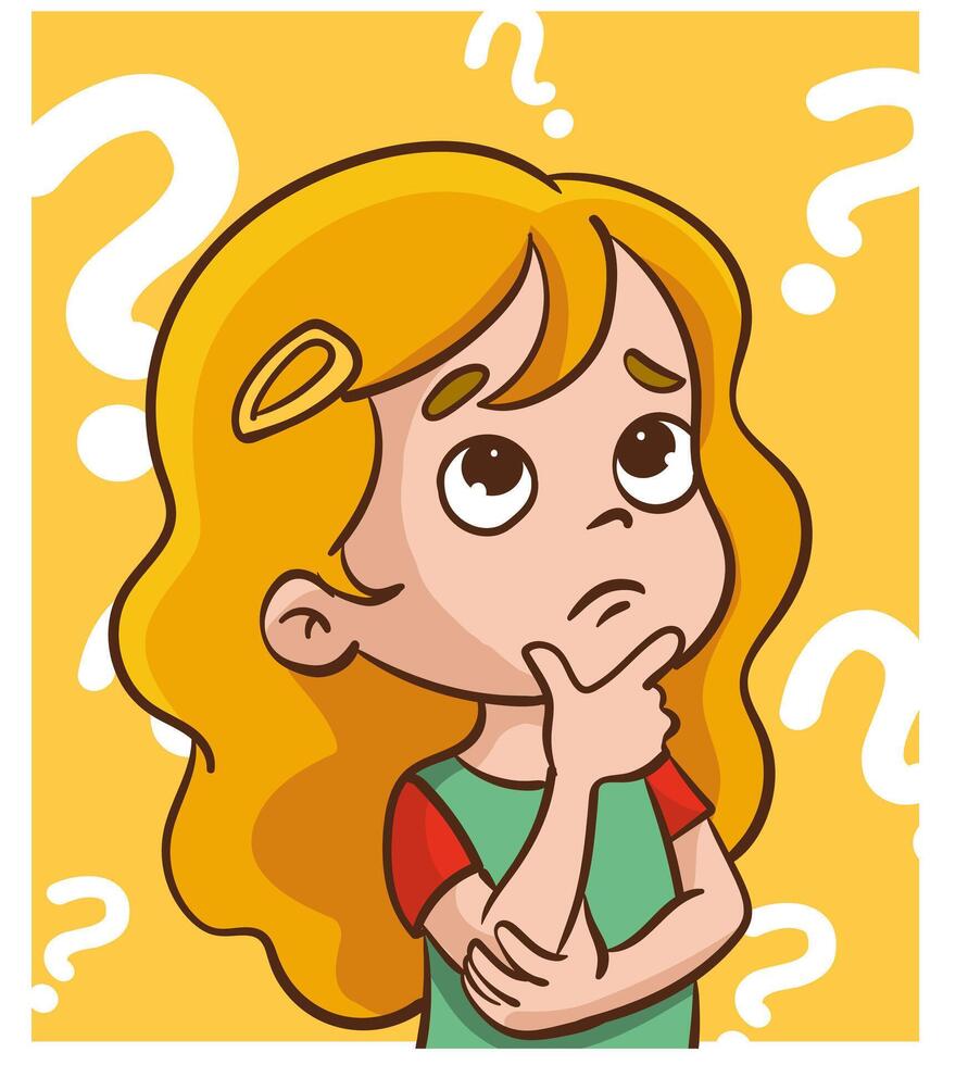 Little Girl Having Many Questions Cartoon. Funny child wondering looking for answers vector