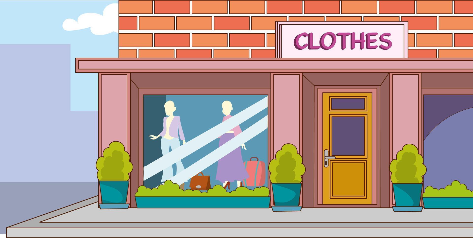 Clothing store facade, exterior of clothing store with mannequins wearing women's clothes in large windows, exterior view.Cartoon illustration vector