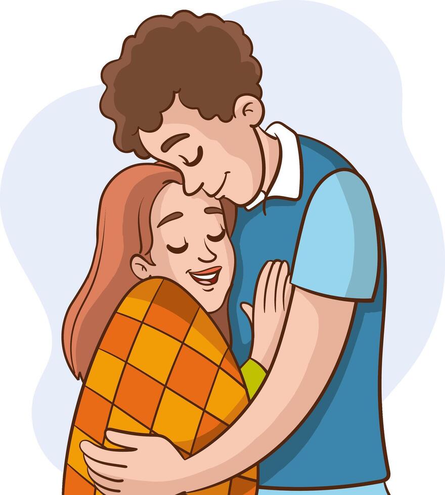 Happy Young Romantic Couple together.Wife,Husband hug each other.Supporting,Warm,loving relationships.Family people trust,help to each other.True Love.Smiling Woman and Man.Flat illustration vector