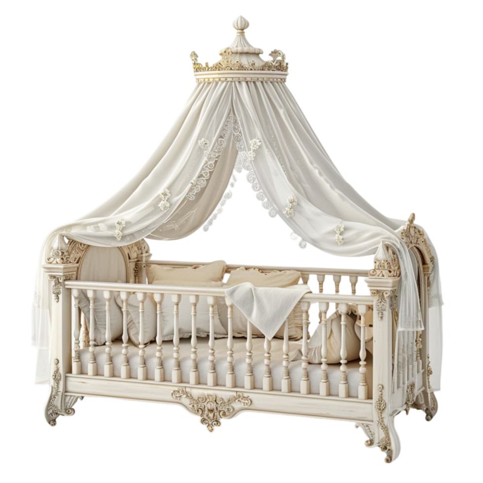 White Crib With A Canopy And A Teddy Bear on transparent Background Generative-AI png