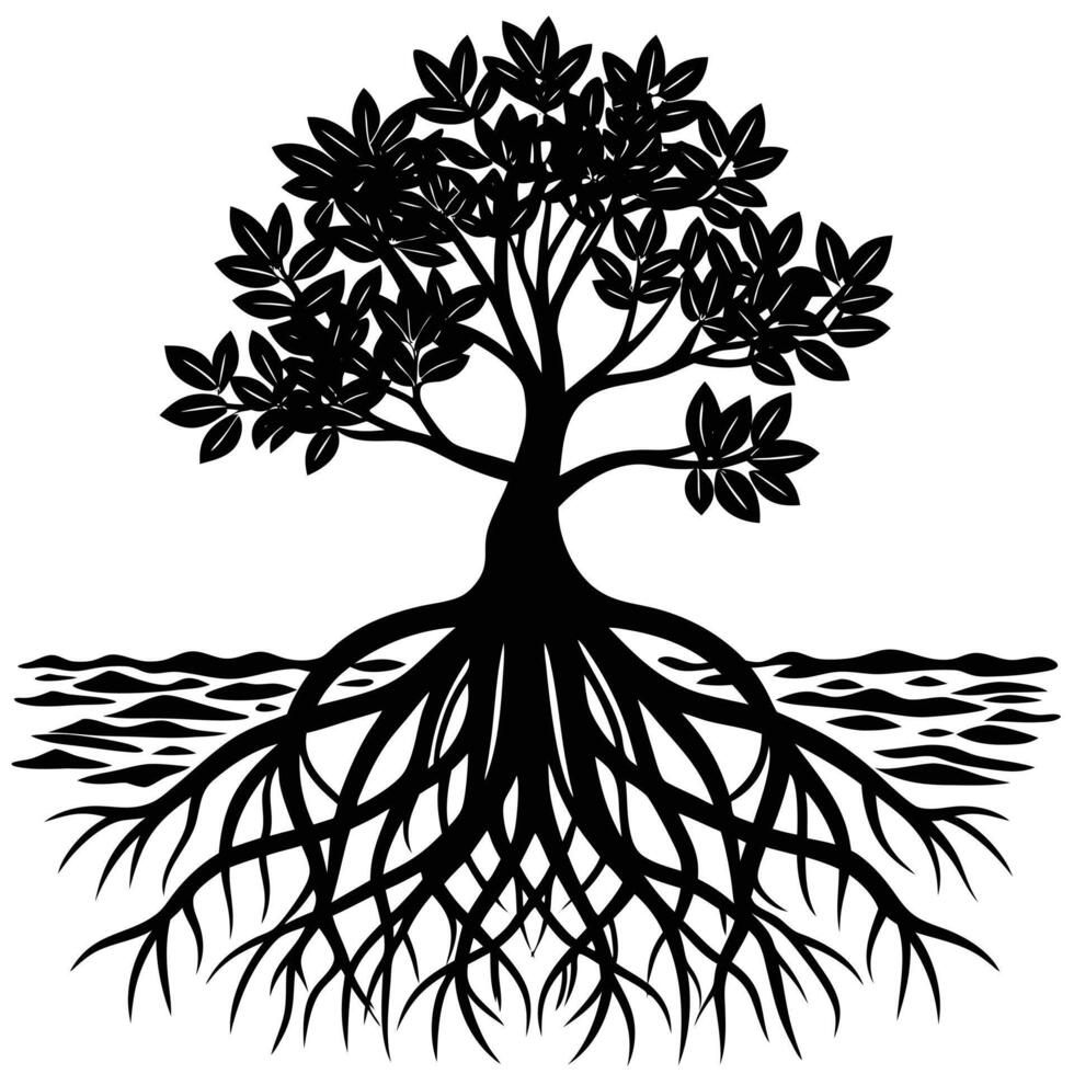 Mangrove Tree roots visible in a coastal setting silhouette on white background vector