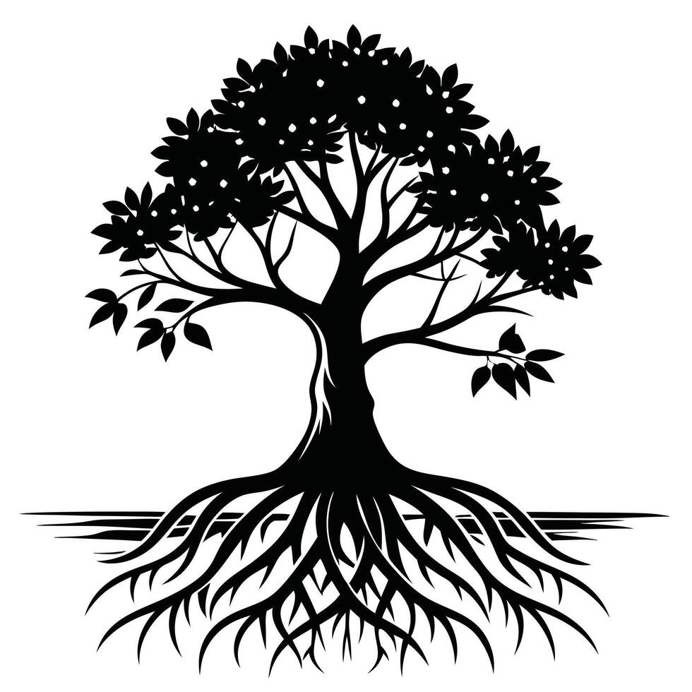 Mangrove Tree roots visible in a coastal setting silhouette on white background vector