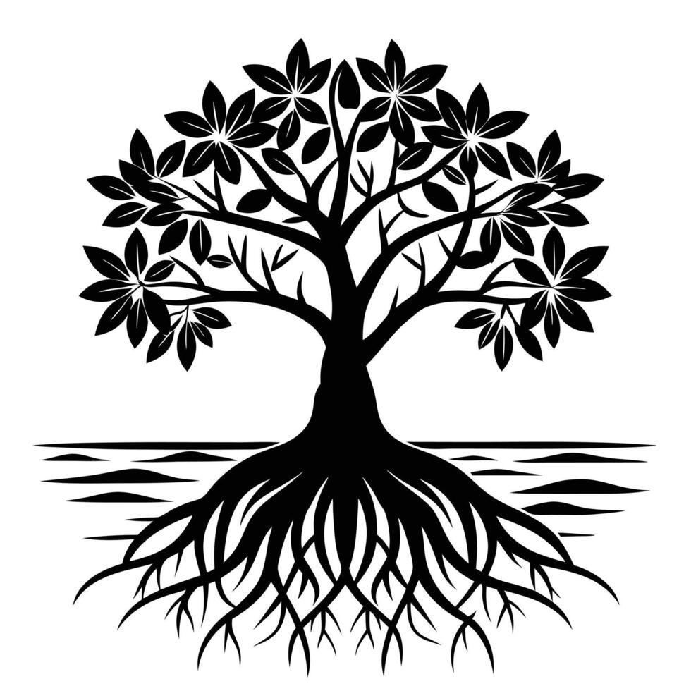 Mangrove Tree roots visible in a coastal setting silhouette on white background vector