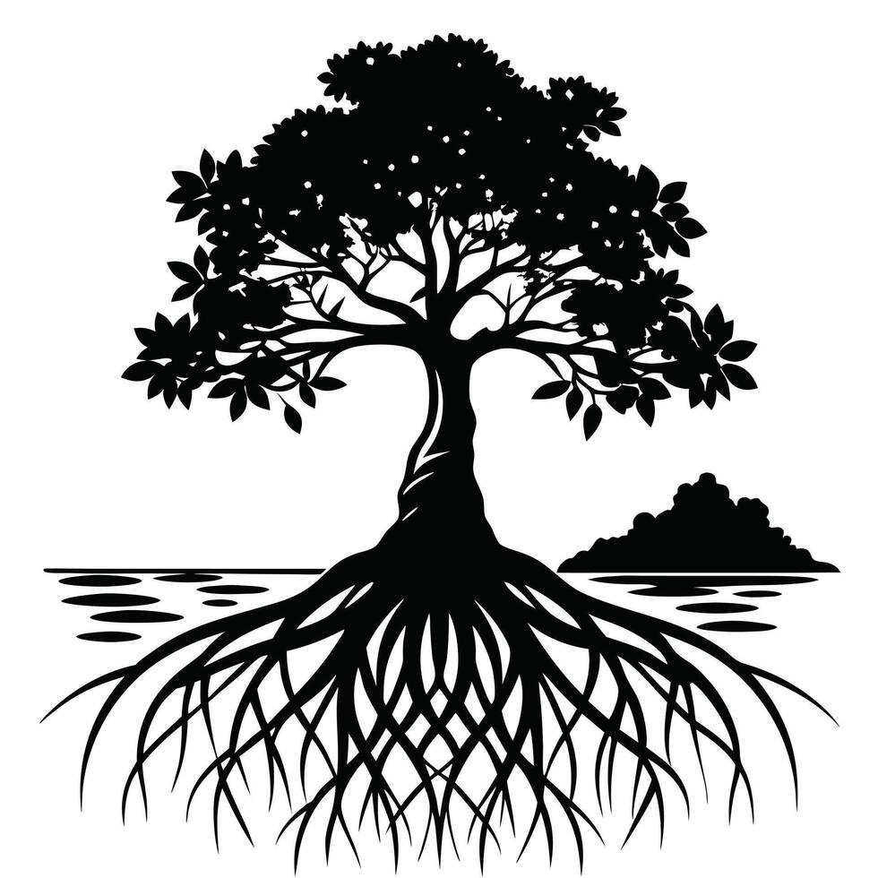 Mangrove Tree roots visible in a coastal setting silhouette on white background vector