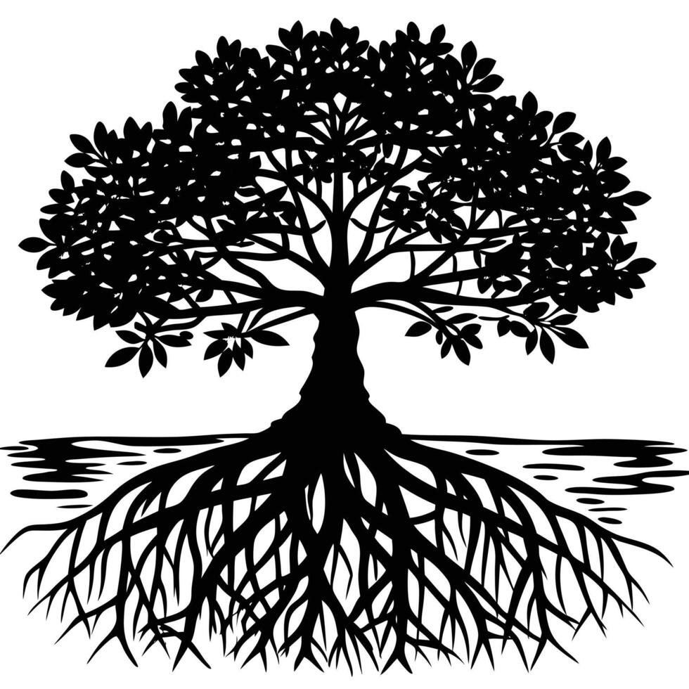 Mangrove Tree roots visible in a coastal setting silhouette on white background vector