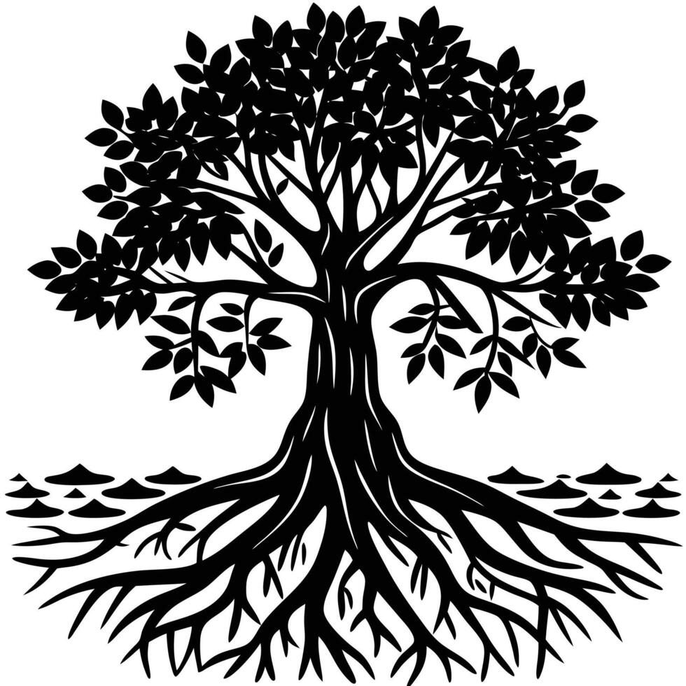 Mangrove Tree roots visible in a coastal setting silhouette on white background vector