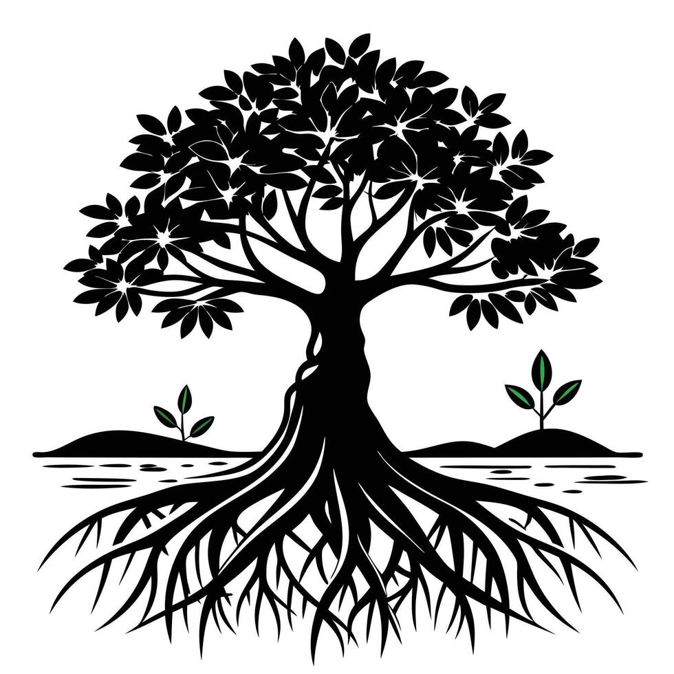 Mangrove Tree roots visible in a coastal setting silhouette on white background vector