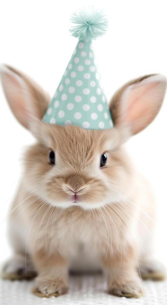 White Bunny Wearing Party Hat photo