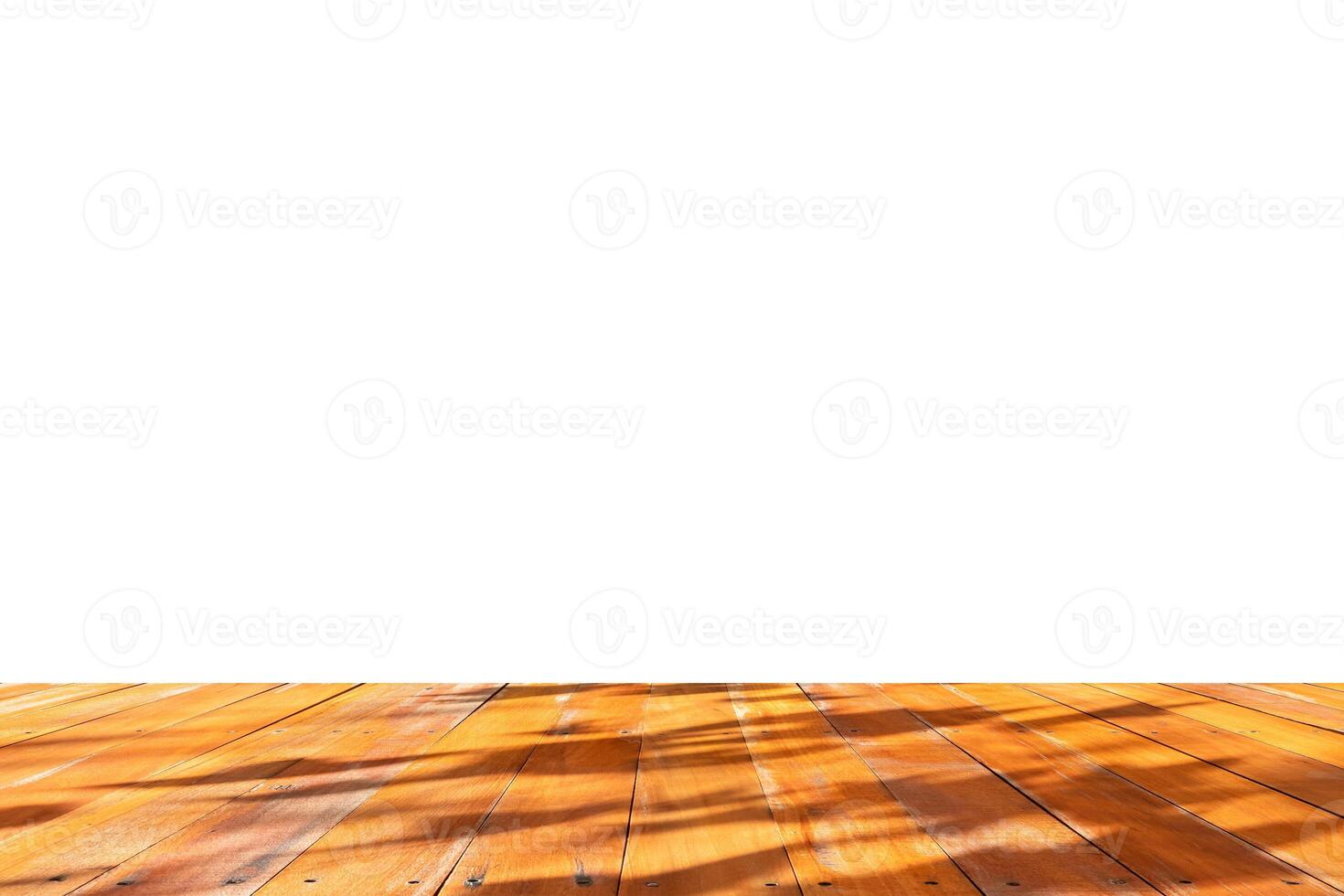 Empty wooden table top isolated on white background for montage product display photo
