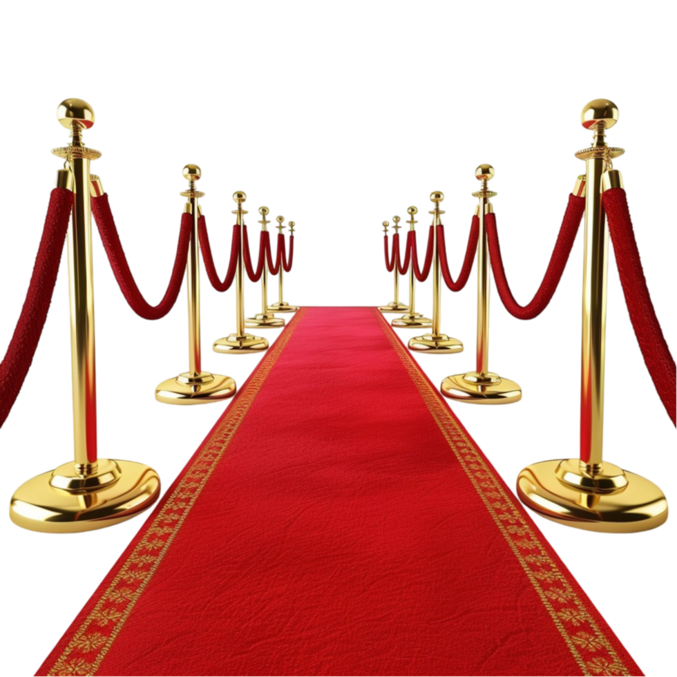 Red velvet carpet in studio with gold barrier 3d on transparent Background Generative-AI png