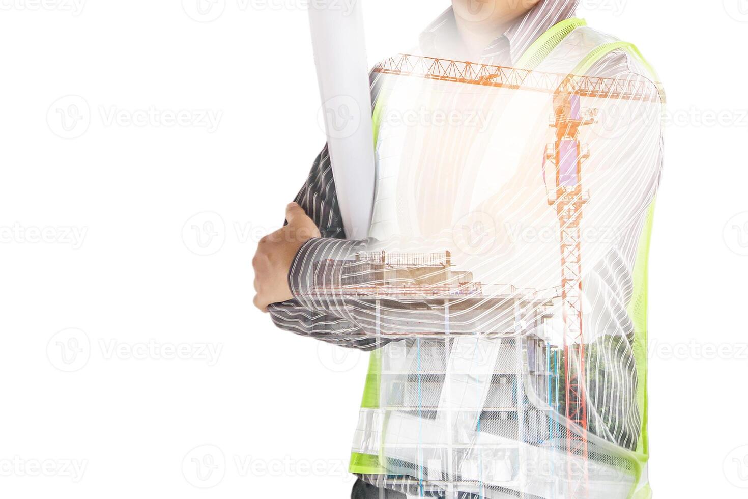 Double exposure image of professional engineer in protective helmet and blueprints paper at building construction site photo