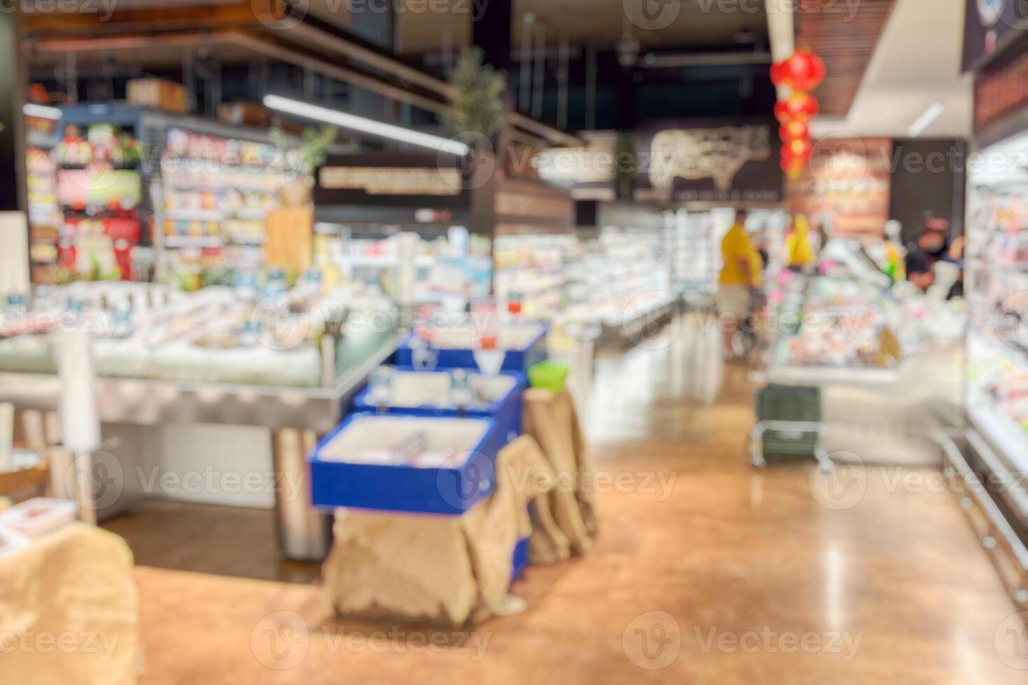 supermarket grocery store aisle and shelves blurred background photo