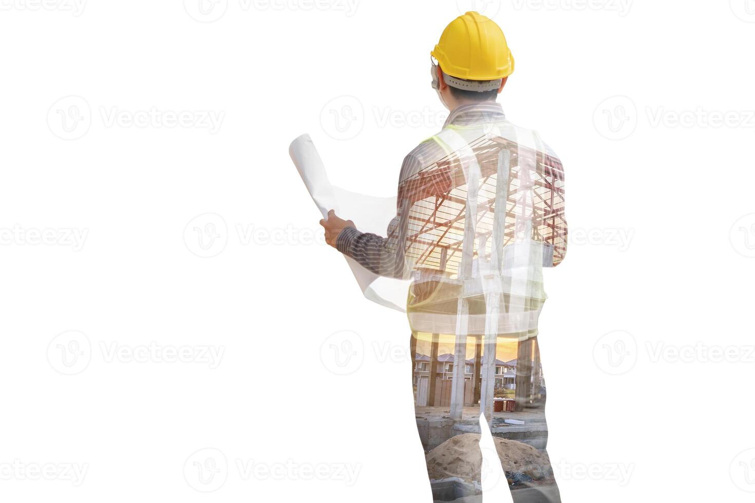 Double exposure image of professional engineer in protective helmet and blueprints paper at building construction site photo