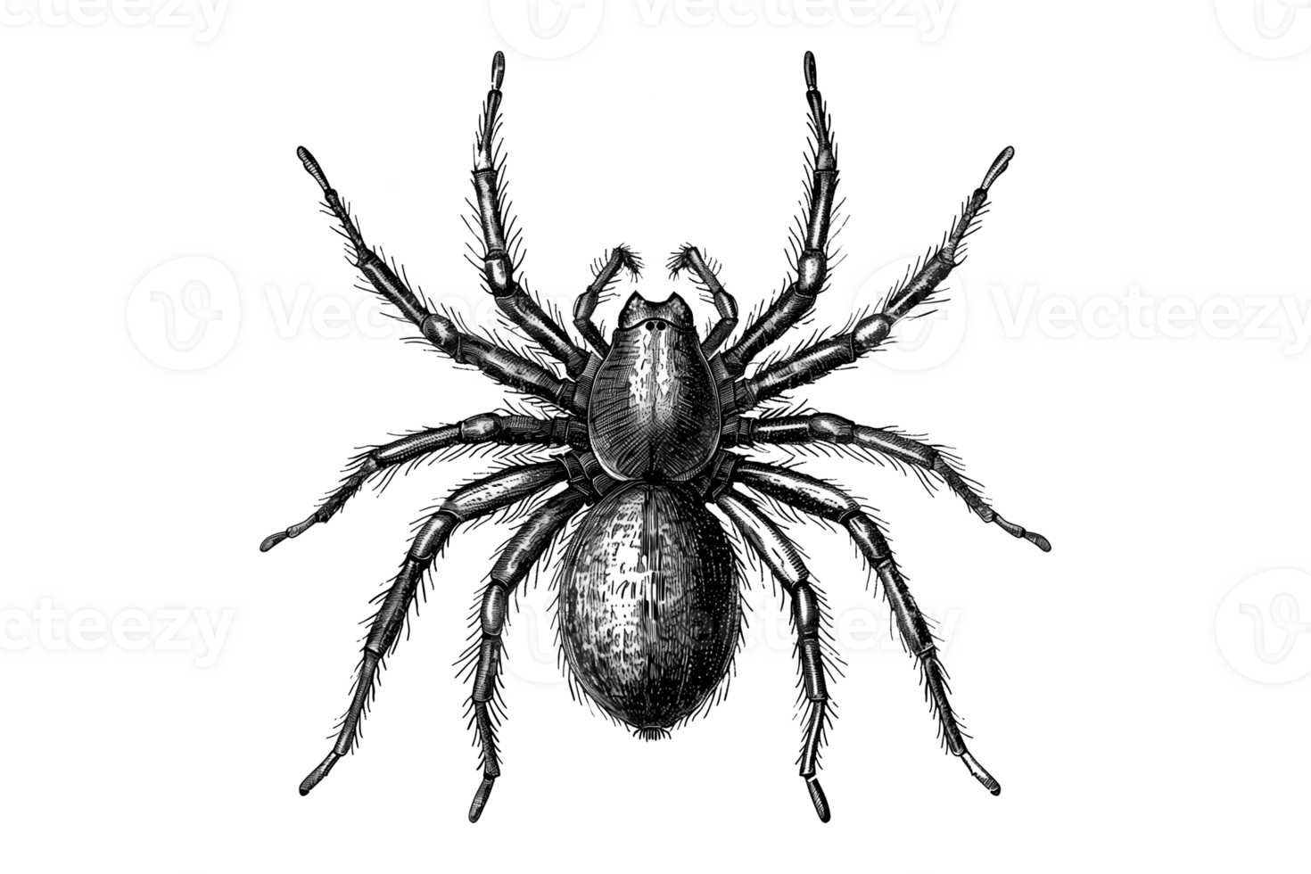 A black and white drawing of a spider cut out illustration for Halloween png