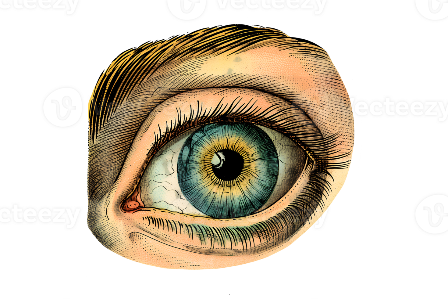 Vintage illustration of blue eye with a yellow spot in the center in hand drawn style png
