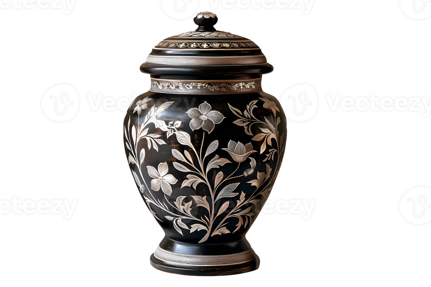 A vase with a floral design sits. The urn with ashes cut out png